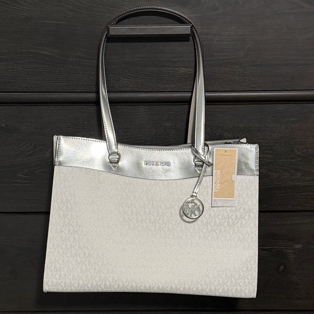 Michael Kors White and Silver Jet Set Travel Tote NWT